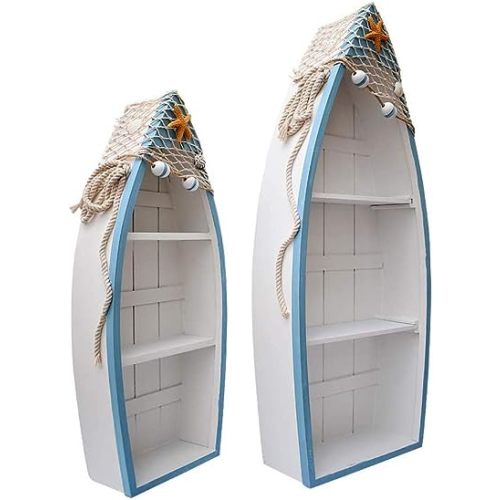 K KILIPES Wooden Boat Display Shelf Hanging Boat Shelf Wall Decor, Nautical Standing Boat Shelf for Beach Theme Bathroom Living Room Decor