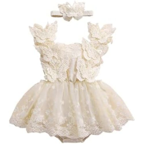 Newborn Baby Girl Romper Dress Lace Floral Sleeveless Tulle Dress with Headband Infant Summer Mesh Jumpsuits