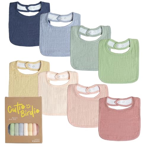 Cutie Birdie 8-Pack Muslin Baby Bibs - Ultra-Absorbent, Soft Cotton Bibs for Drooling and Teething, Bibs for Boys and Girls, Machine Washable