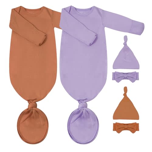 COOZYNANA 2Pack Newborn Baby Knotted Gown, Super Soft Modal Infant Long Sleeve Sleeper with Hat and Headband Set