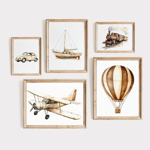 Vintage Airplane Nursery Wall Art Gallery Painting Decor Printable Kids Room Prints Digital Download Transportation Gallery Prints Kids Room