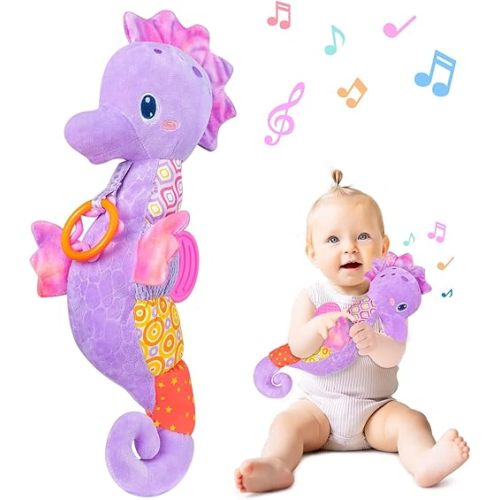 Fuzqq Baby Toys 0-6-12 Months,Infant Musical Stuffed Animals Soft Toy with Bright Colors,Crinkle Sound Paper, Multi-Textures & Rattles,Baby Newborn Toys for 0 3 6 9 12 Months Boy/Girls(Purple)