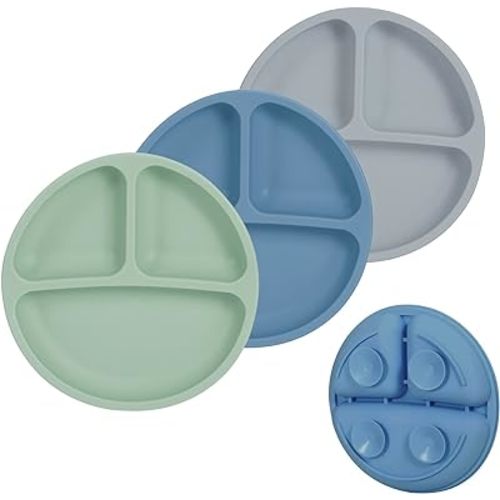 Cibeat 3pcs Toddler Plates with Suction, 100% Safe BPA Free Soft Toddler Plates Silicone Divided Plates, Portable Dinner Plates for Kids, Dishwasher, Microwave and Oven Safe (Blue+Gray+Green)