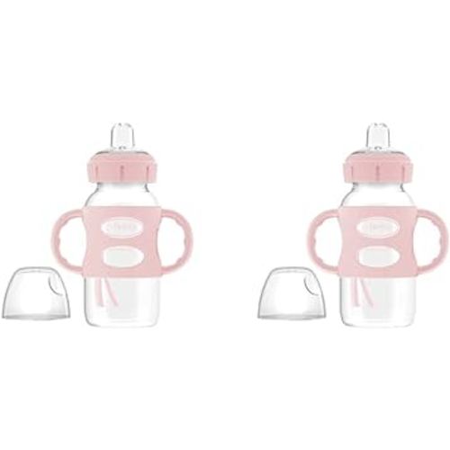 Dr. Brown's Milestones Wide-Neck Sippy Spout Bottle with 100% Silicone Handles, Easy-Grip Handles with Soft Sippy Spout, 9oz/270mL, Light-Pink, 2-Pack, 6m+