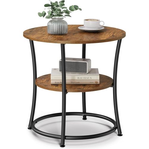 VASAGLE Side Table, Round End Table with 2 Storage Shelves for Living Room, Bedroom, Nightstand with Steel Frame for Small Spaces, Accent Coffee Table, Rustic Brown and Ink Black