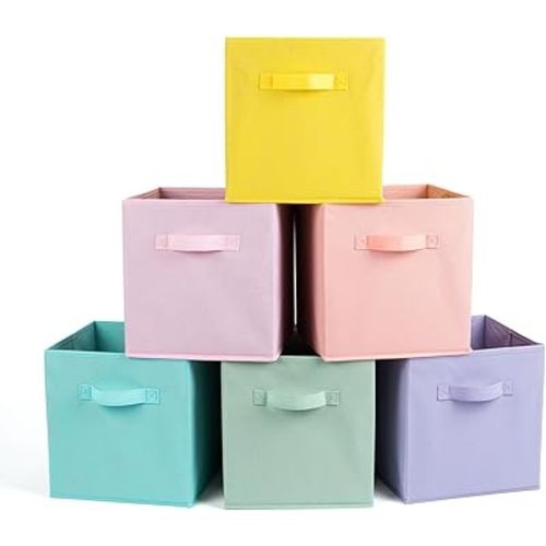 Fabric Storage Bins 6 Pack 13 inch Foldable Storage Cubes with Handles Fun Colored Durable Cube Storage Bin for Home, Playroom, Closet Organizers and Storage Green, Cyan, Purple, Yellow, Pink, Peach