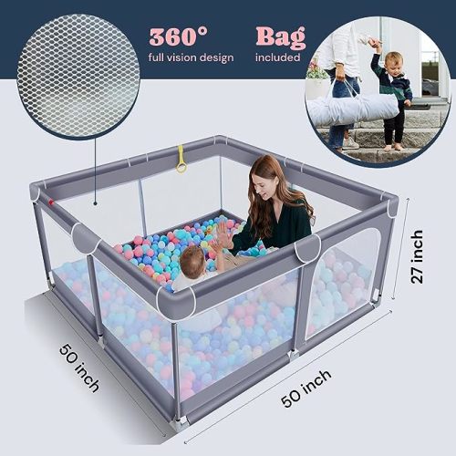 TODALE Baby Playpen for Toddler, Large Baby Playard, Indoor & Outdoor Kids Activity Center with Anti-Slip Base, Sturdy Safety Play Yard with Soft Breathable Mesh, Playpen for Babies(Gray,50”×50”)