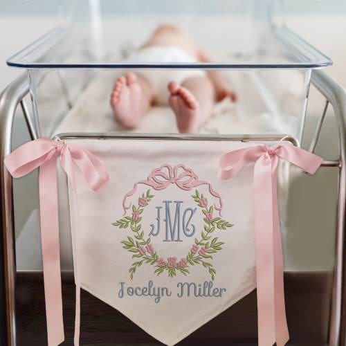 Personalized Baby Banner, Floral Crest Welcome Banner with bows, Baby Banner with bows, Hospital Door Sign, Baby Shower Gifts, Newborn Gifts