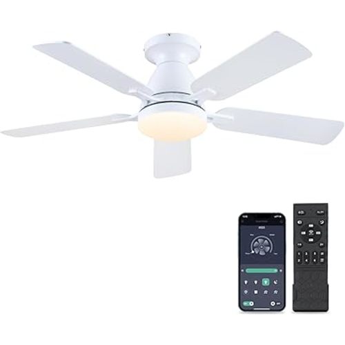 Ceiling Fans-46Inch Low Profile Indoor Ceiling Fan with Light and Remote/APP Control, Dimmable tri-Color temperatures LED,Quiet Reversible Motor,5 Blades Modern Ceiling Fans for Indoor