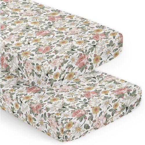 Sweet Jojo Designs 2-Piece Baby Crib Sheets Set (Boho Vintage Floral) for Girls, Infant Nursery, Toddler Room - Fitted, Standard Size (Shabby Chic, Rose, Daisy, Bohemian, Farmhouse, Wildflower, Pink)