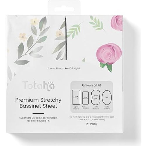TotAha Premium Stretchy Bassinet Cradle Sheets (2-Pack) -Hypoallergenic, Silky Comfort, Buttery Soft, Calming Effect, All-Season Jersey-Knit Sheets,32 X 16 X 3''(Pink Buds & Green Leaves)