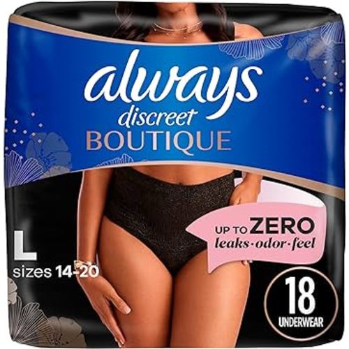Always Discreet Boutique Incontinence and Postpartum Underwear for Women, Maximum Protection, L, Black, 18 Count (Packaging May Vary)