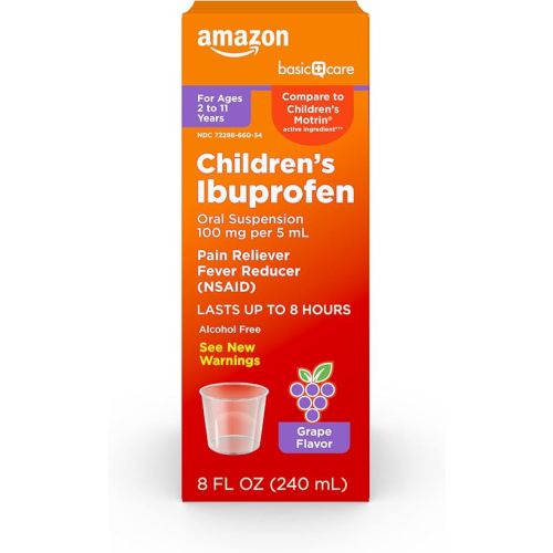 Amazon Basic Care Children's Ibuprofen Oral Suspension 100 mg per 5 mL, Pain Reliever and Fever Reducer, Grape Flavor, For Minor Aches, Sore Throat, Headache Relief and More, 8 fl oz (Pack of 1)