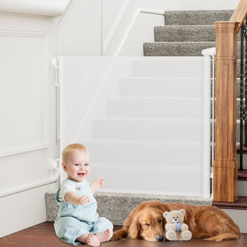 PRObebi Retractable Baby & Dog Gate - No Drilling, Extends to 55" Wide x 34" Tall, Indoor/Outdoor, Stair, Hallway, Doorway, Deck, Porch