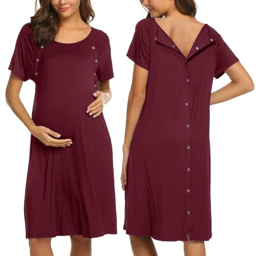 Ekouaer Women’s Nursing/Delivery/Labor/Hospital Nightdress Short Sleeve Maternity Nightgown with Button S-XXL