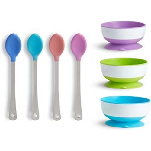 Munchkin Stay Put Suction Bowl, 3 Pack with White Hot Infant Spoons, 4 Pack