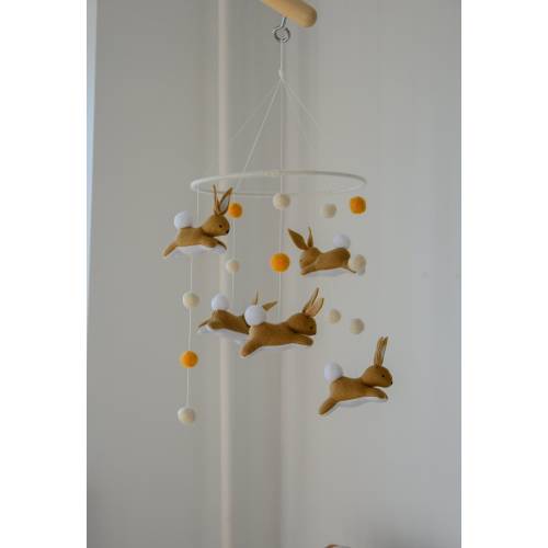 Jumping bunny baby mobile, Bunny mobile, Neutral felt ball nursery mobile, Above bed decor, Baby mobile