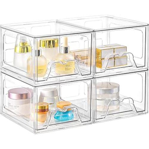 4 Pack Stackable Makeup Organizer, 4.4'' Tall Acrylic Bathroom Makeup Organizer and Storage Drawer with Pull-out Handle, Clear Plastic Storage Bins for Vanity,Pantry,Desk,Undersink,Kitchen