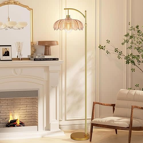 Arc Floor Lamp with 3 Color Temperatures,Gold Floor Lamp with Remote & 3 Color Temperature,Mid Century Modern Standing Lamp with Glass Lampshades,Vintage Tall Floor Lamps for Living Room Bedroom