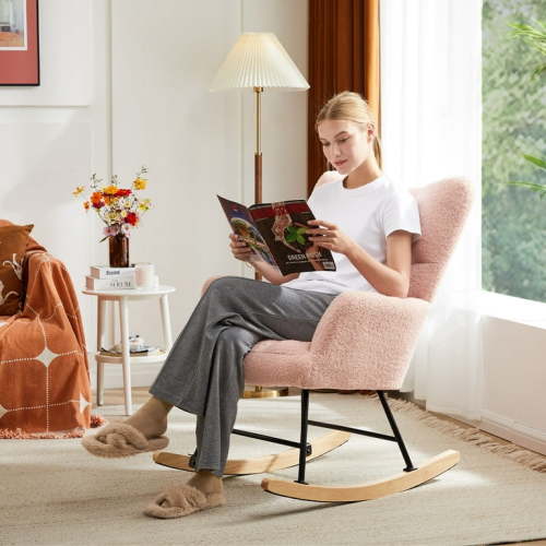 Gianna Rocking Chair Nursery, Teddy Upholstered Glider Rocker with High Backrest, Reading Chair Modern Rocking Accent Chairs Glider Recliner, Pink