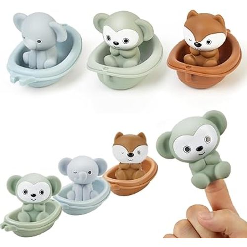 Baby Bath Toy Stackable Infant Bathtub Toys Stacking Floating Boat Train with Animal Finger Puppets Bath Toy Silicone Hand Puppet Educational Beach Toys for Babies Toddlers Party Favors