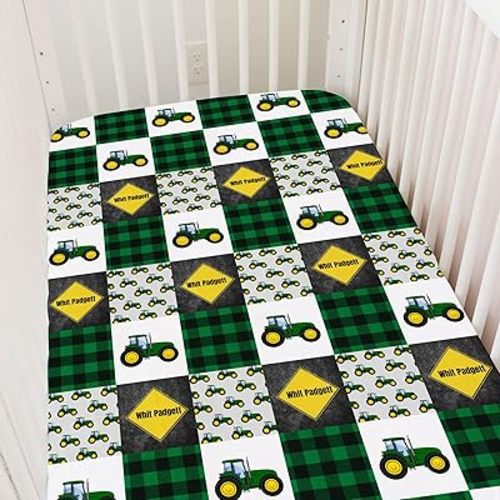 Personalized Green Tractors Baby Crib Sheets with Name, Custom Farm Crib Mattress Sheets for Baby Girls Boys, Fitted Crib Bedding Sheets, Pack and Play Sheets, Mini Crib Sheet | Name Crib Sheets