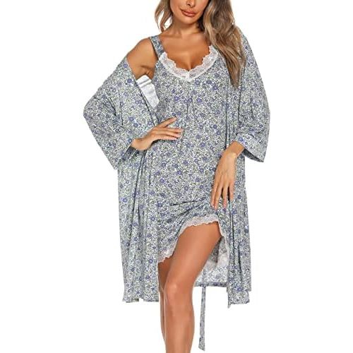 ENJOYNIGHT Women's Robes Set V-Neck 2 Piece Nightgown With Robes Pajama Set Lace Cami Sleepwear