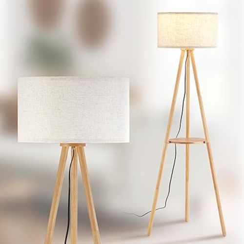 Wood Tripod Floor Lamp with Shelves,Linen Shade Modern Mid Century Wooden Standing Floor lamp for Living Room,with Three Color temparature Bulb Included,ETL Listed/Natural Wood Color