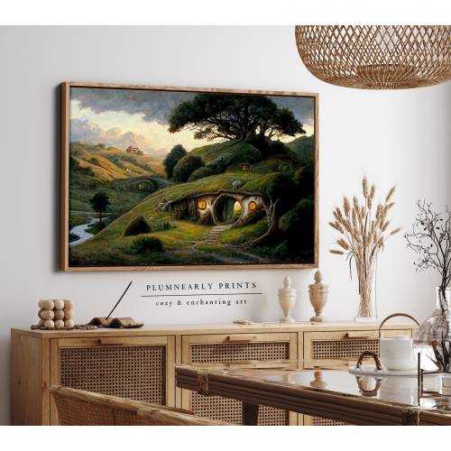 The Shire Oil Painting Framed Canvas. Hobbitcore Decor. Hobbit Hole Landscape Art. Halfling House Wall Art. Cozy Earth Home Canvas Art Print