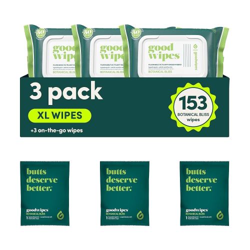 goodwipes Flushable Butt Wipes - Extra Large Adult Wet Wipes For Women & Men - Bathroom Essentials - Sewer & Septic Safe - Botanical Bliss, 153 Count (3 Packs + 3 Individually Wrapped)