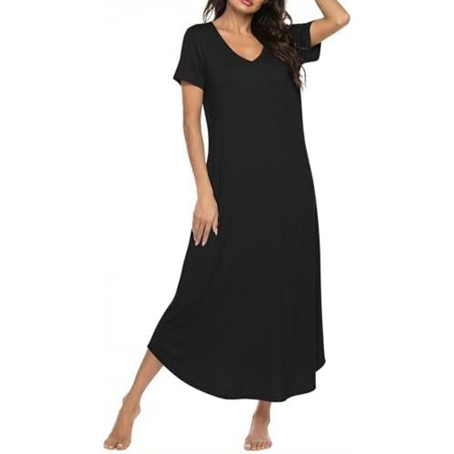 Ekouaer Long Nightgowns for Women Bamboo Viscose Sleepshirt Short Sleeve Night Gown V Neck House Dress