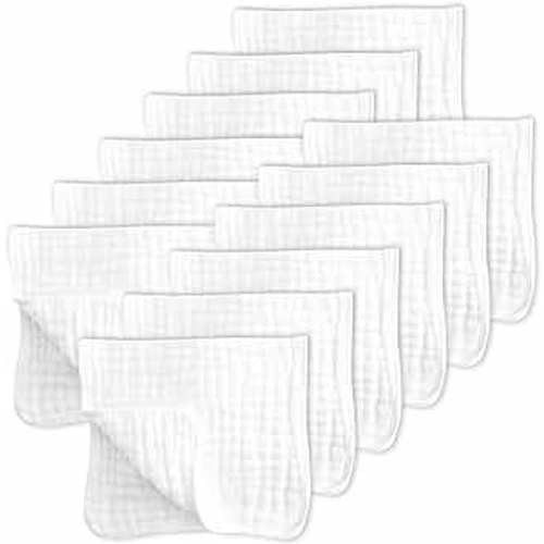 SWEET DOLPHIN 12 Pack Muslin Burp Cloths Large 100% Cotton Hand Washcloths for Baby - Baby Essentials Extra Absorbent and Soft Boys & Girls Milk Spit Up Rags for Newborn Registry - White, 20" X10"