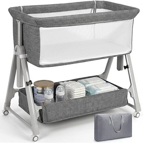 Cowiewie Bassinet Bedside Sleeper,3-in-1 Baby Bassinet with Comfy Mattress & Wheels,Easy Folding Portable Bedside Bassinet for Baby with Storage & Travel Bag,Breathable Mesh,Stable & Secure(Dark Gray
