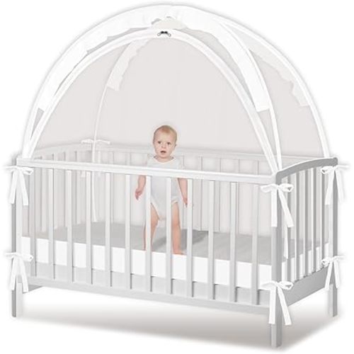 Crib Tent - Crib Net to Keep Baby in, Stop Baby from Climbing Out of Crib, Pop Up Baby Crib Tent with Double Zip Strong Rods and Breathable Net Clear Visibility Easy to Install (White, Large)