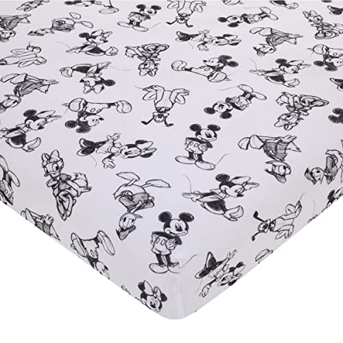 Disney Mickey Mouse - Charcoal, Black and White Mickey and Friends, Minnie Mouse, Donald Duck and Pluto Nursery Fitted Mini Crib Sheet
