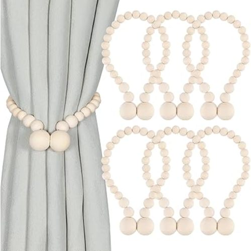 Magnetic Curtain Tiebacks, Curtain Tie Backs for Curtains 6 Pack, Wood Bead Curtain Tiebacks, Curtain Holders for Boho Bedroom Decor, Baby Nursery Decor, Farmhouse Decor