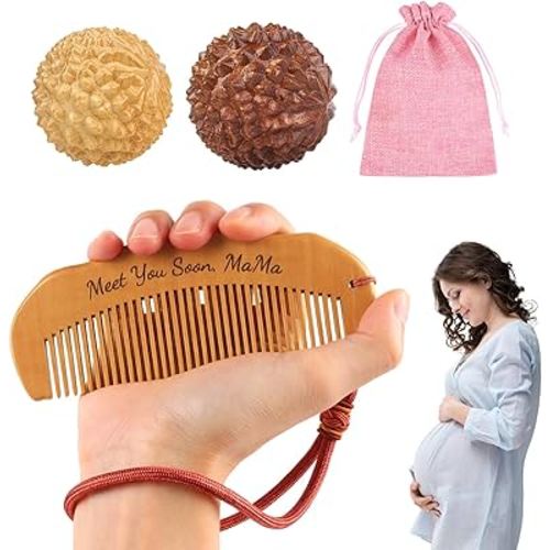 Birthing Comb and Massage Ball for Labor Pain, Wooden Labor Comb with 2 PCS Acupressure Balls Set, Birth Comb for Moms Pain Relief, Pregnancy Hospital Bag Essentials for Pregnant Women