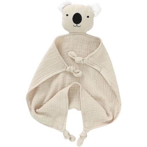 LAWKUL Baby Security Blankets Organic Cotton Muslin Soft Lovey Cuddly Lovie for Newborn Infants Boy Girl Unisex Koala Khaki