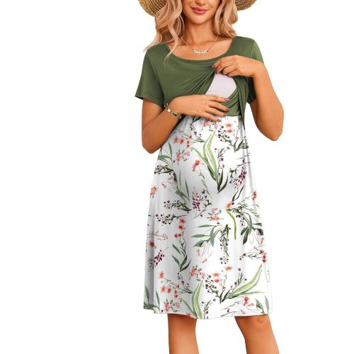 Ekouaer Women's Nursing Dress Summer Short Sleeve Patchwork Maternity Breastfeeding Knee Length Dress