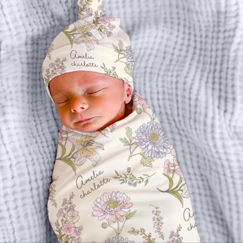 Personalized Baby Swaddle Blanket & Hat: Soft Floral Newborn Set
