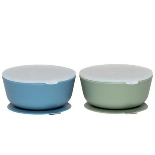 Weesprout Suction Bowls for Baby & Toddlers, 100% Silicone with Plastic Lid, 12 oz - Muted Blue + Muted Green, Set of 2