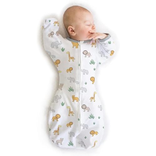 Amazing Baby Transitional Swaddle Sack, Arms Up Half-Length Sleeves & Mitten Cuffs, Swaddle for Newborn Transition to Baby Sleep Sack Wearable Blanket, Small, 0-3 Month, 6-14 lb, On Safari