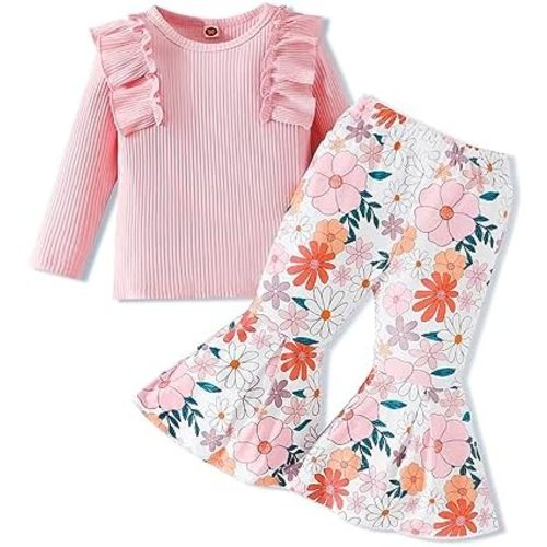 Kislio Toddler Baby Girl Clothes Long Sleeve Ruffle Ribbed Solid Color Tops Flare Pants Bell Bottoms Fall Winter Outfit Set