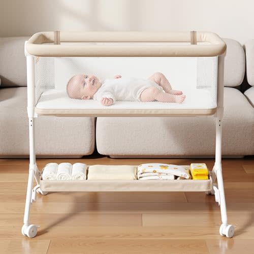 Taylengrow Baby Bassinet Bedside Sleeper - All-Mesh Design, Portable Bedside Bassinet for Baby with Washable Mattress, 5 Adjustable HeightsBeige