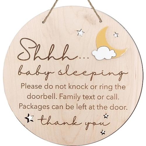 2pcs Wooden Baby Sleeping Hanging Sign Plaque, Do Not Knock Or Ring The Bell, Round Wooden Door Hanger for Baby Room, Nursery, Front Door, Door Knob Decor (Cicle)