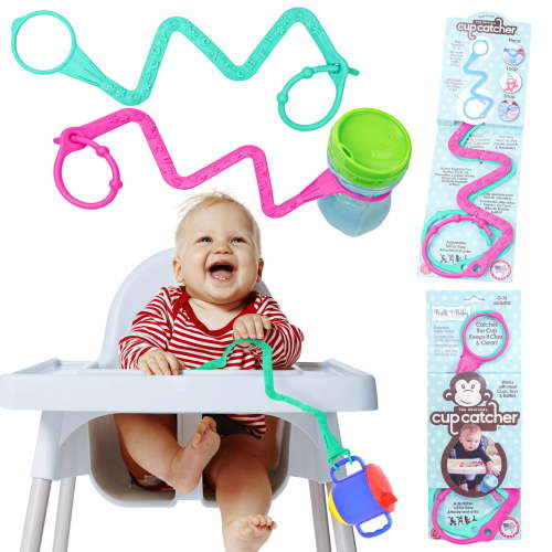 Brilli Baby Cup Catcher - Patented Safety Tether to attach Sippy Cups, Bottles, Toys & Pacifiers to Strollers, High Chairs & Car Seats, Made in USA, FDA grade, Dishwasher Safe - 2 pack (Aqua & Pink)