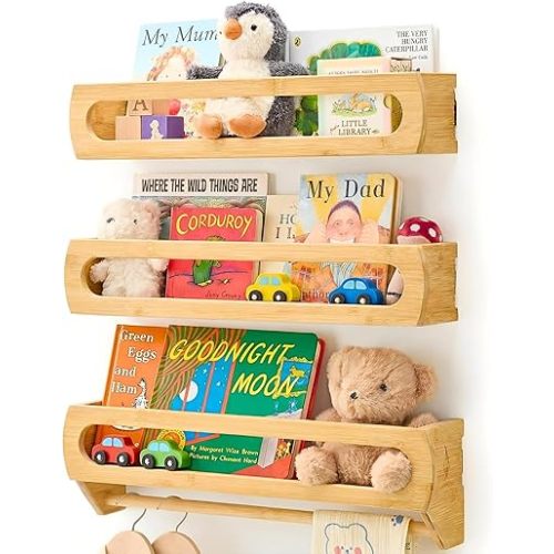 Homewisp Floating Shelves for Wall, Premium Bamboo Wood, Fully Assembled - Nursery Book Shelves, Nursery Decor, Book Shelf for Kids Rooms, Wall Mounted Bookshelves, Set of 3 Natural