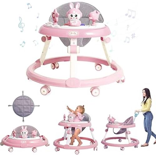 Foldable Baby Walker with Wheels - Walker for Baby Boys Girls 6-12 Months,7-Adjustable Heights Andador para Bebes De 6 a 12 Meses with Removable Music,Footrest & Push Handle,Pink