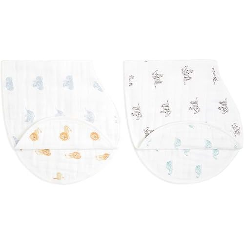 aden + anais 100% Organic Cotton Muslin Burpy Bib – Multi-Use, Absorbent 4-Layer Burp Cloth & Full-Coverage Snap-Closure Baby Bib, Lap-Shoulder Drool Cloth, 22.5” X 11”, 2-Pack, Animal Kingdom