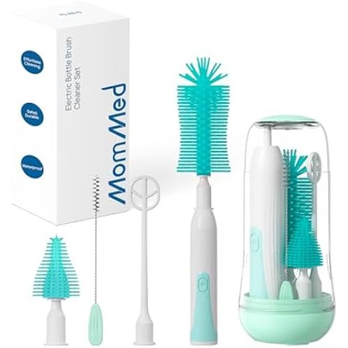Electric Bottle Brush Cleaner with UV Light, Rechargeable Baby Bottle Brush Set for Travel, Waterproof Baby Bottle Cleaner with 2 Brush Head, Straw Brush, Pouch, Mixing Head and Storage Box